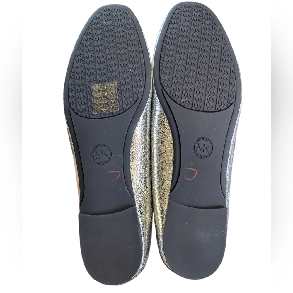 Michael Kors Metallic Silver Ballet Flats Bow Logo Size 11M New